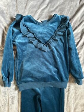 Tea Collection Teal Velvet Ruffle Top and Flare Pants Set